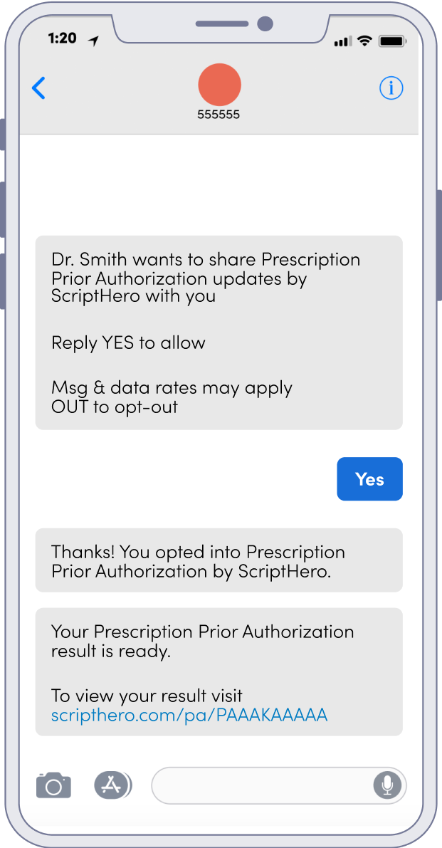An example of a Prior Authorization Update text message