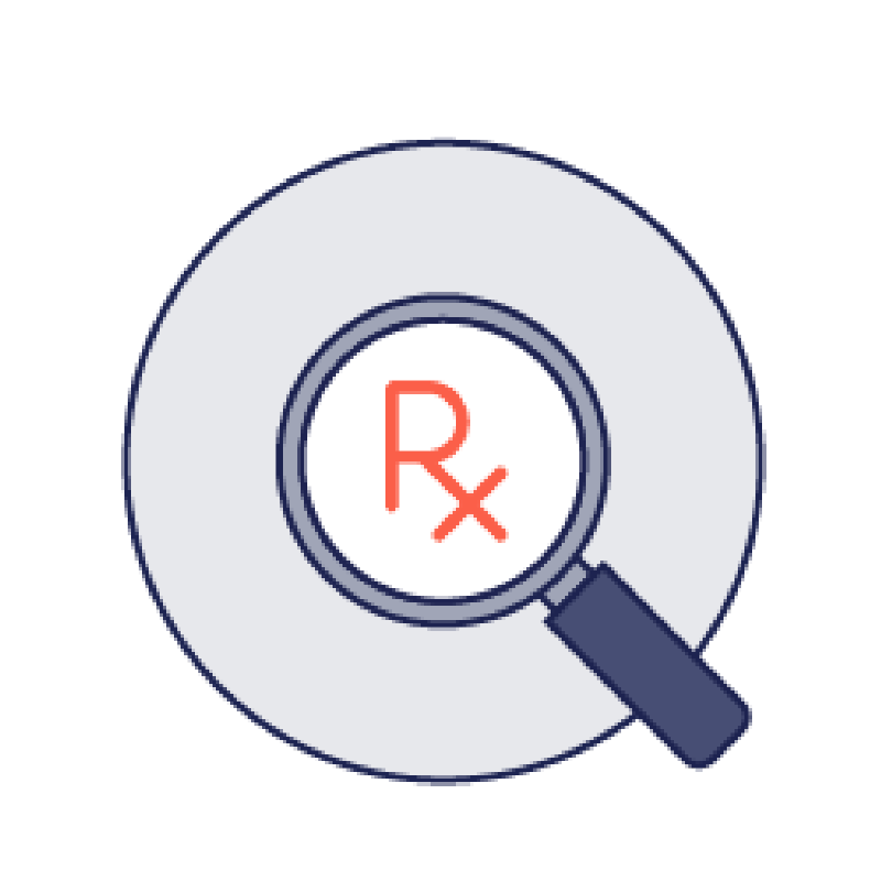 Illustration depicting a magnifying glass over an Rx logo